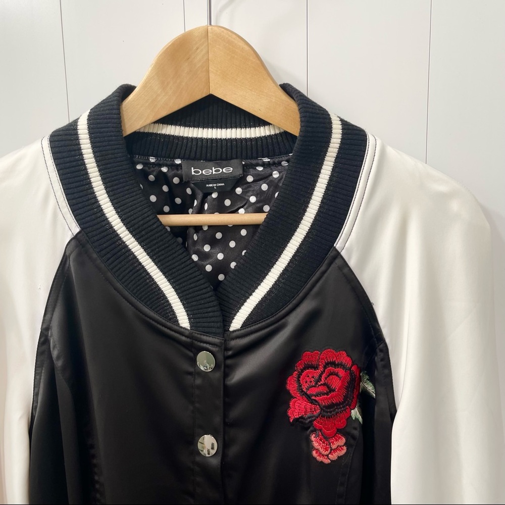 bebe EMBROIDERED LETTERMAN JACKET